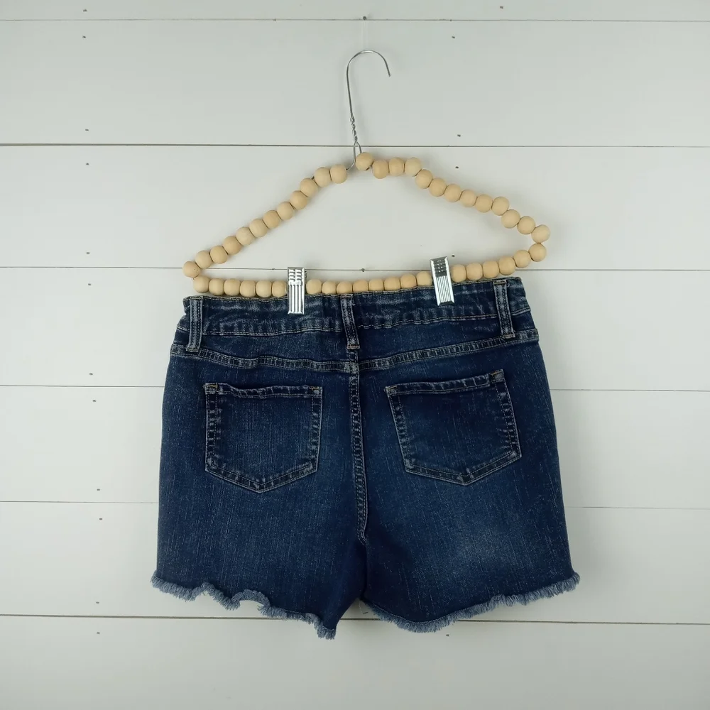 Cat & Jack girls size 14-16 dark wash denim jean shorts with fringe rainbow